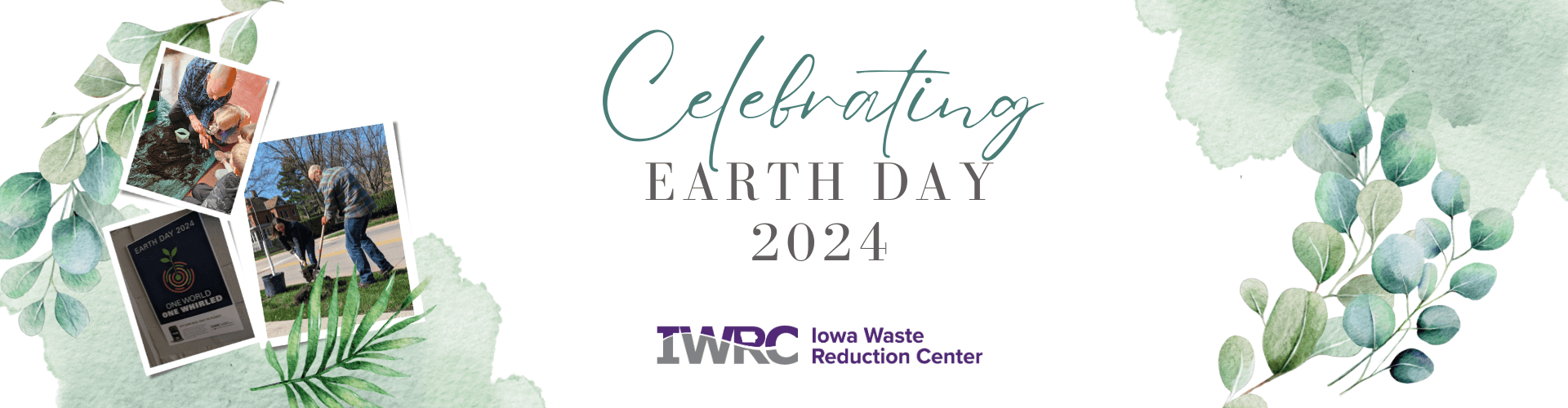 green and white banner with three images of earth day events and title of article
