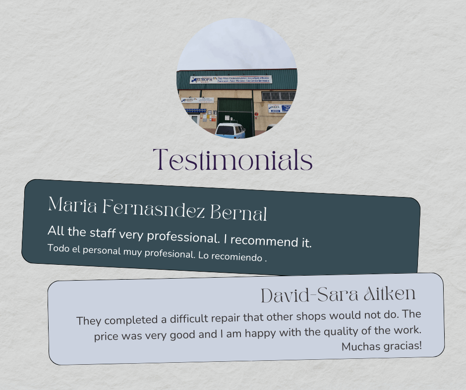 gray graphic containing two testimonials about the service received by Talleras Europa Rota