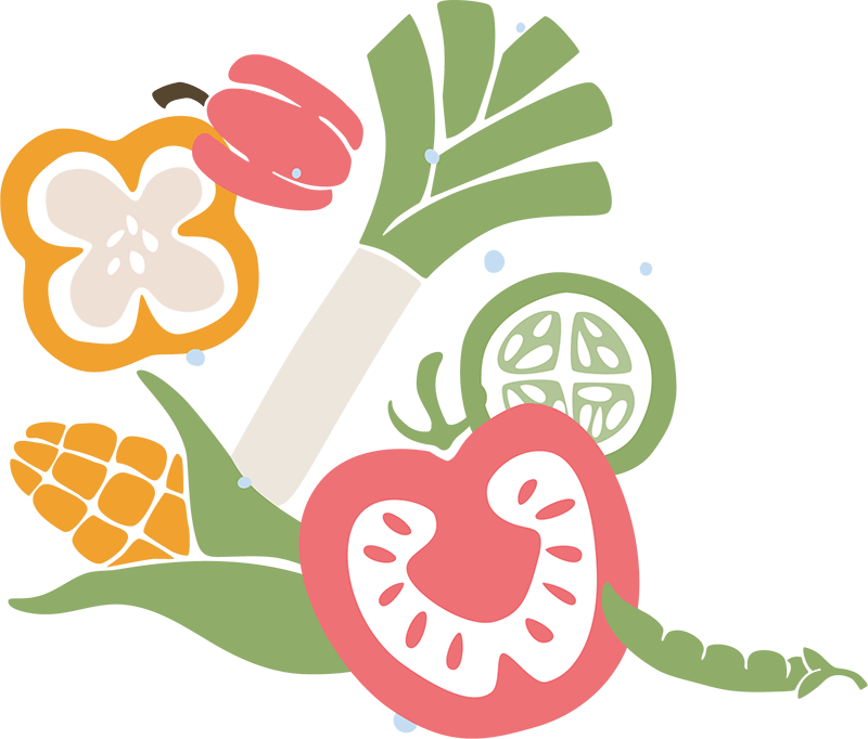 Colorful illustration of leek, pepper, cucumber, corn and peas.