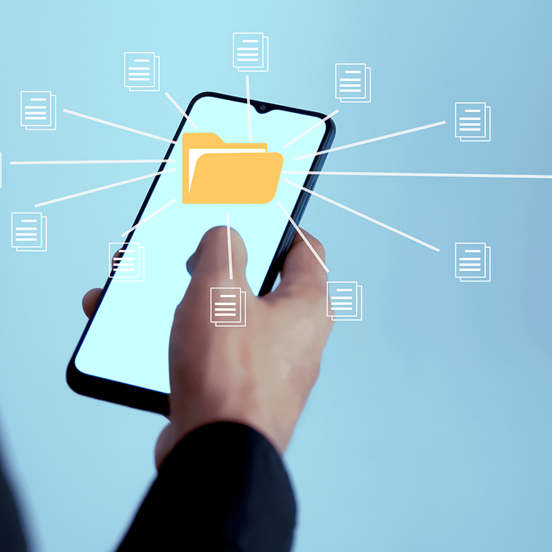 Link, person on smartphone with document icons on screen