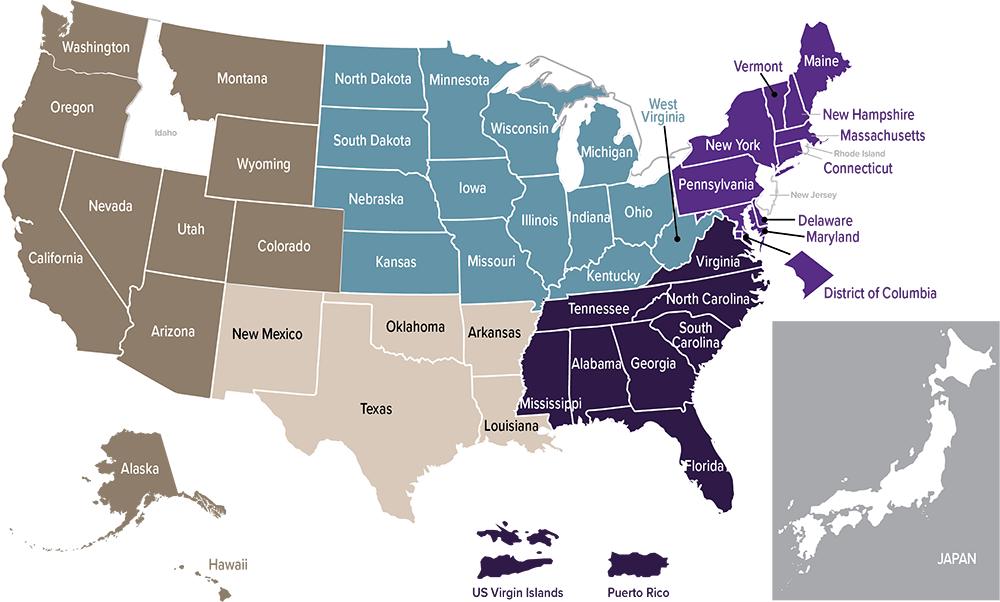 Map of the United States and Japan showing locations STAR4D has travelled to.