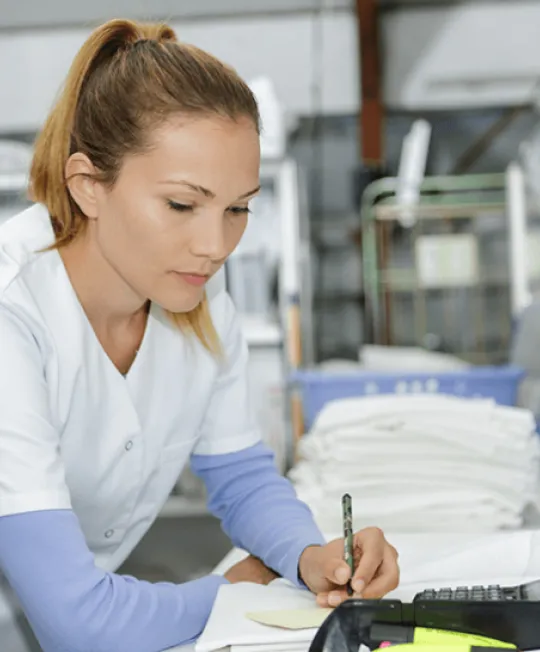 Employee at drycleaning facility fills out paperwork.